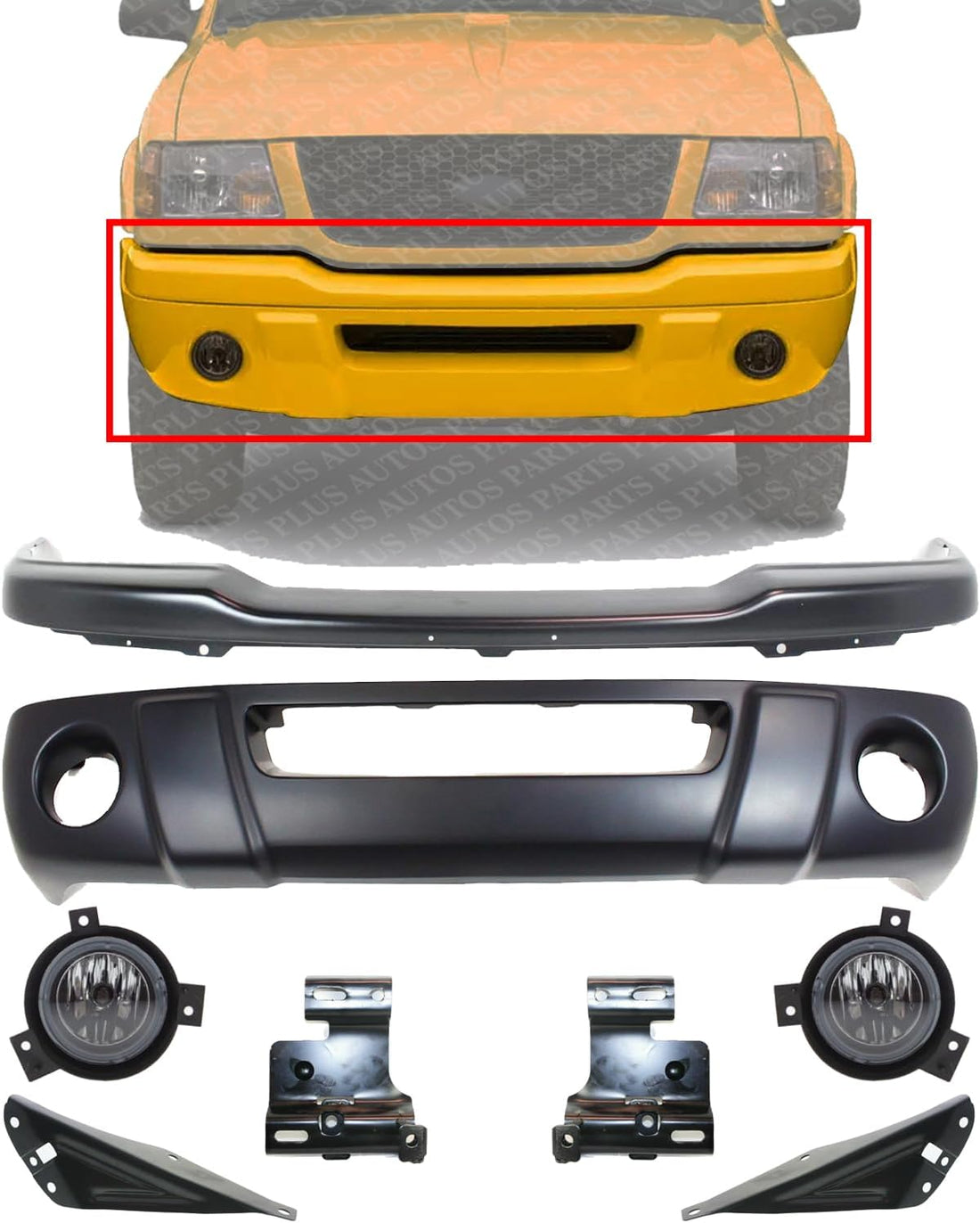 Front Bumper + Lower Valance + Bracket Set + Fog Lights Right Passenger & Left Driver Side Direct Replacement Compatible With 2001-2003 Ford Ranger FO1002380 FO1095189 FO1066143