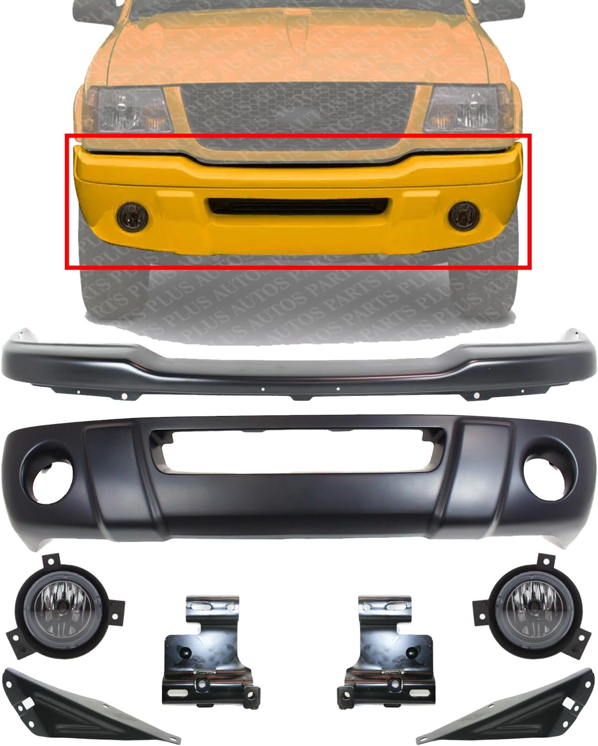 Front Bumper + Lower Valance + Bracket Set + Fog Lights Right Passenger & Left Driver Side Direct Replacement Compatible With 2001-2003 Ford Ranger FO1002380 FO1095189 FO1066143