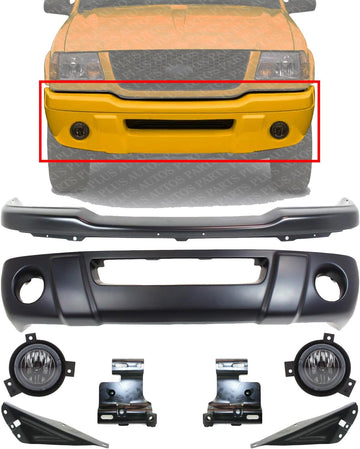 Front Bumper + Lower Valance + Bracket Set + Fog Lights Right Passenger & Left Driver Side Direct Replacement Compatible With 2001-2003 Ford Ranger FO1002380 FO1095189 FO1066143