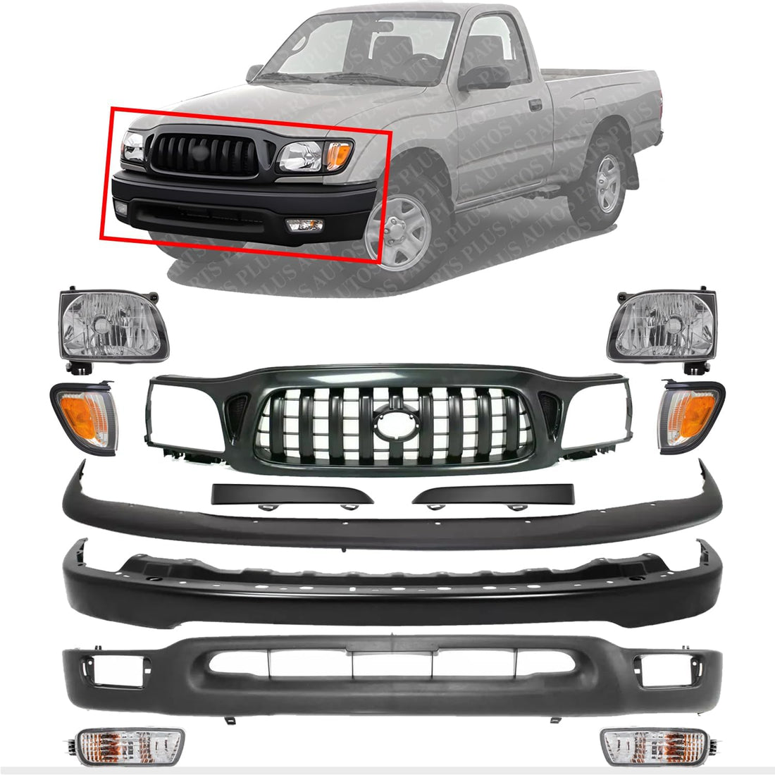 Front Bumper + Grille + Upper + Valance + Fillers + Headlight + Signal & Corner Lamp Left & Right Side Direct Replacement Compatible With 2001-2004 Toyota Tacoma 2WD TO1095131