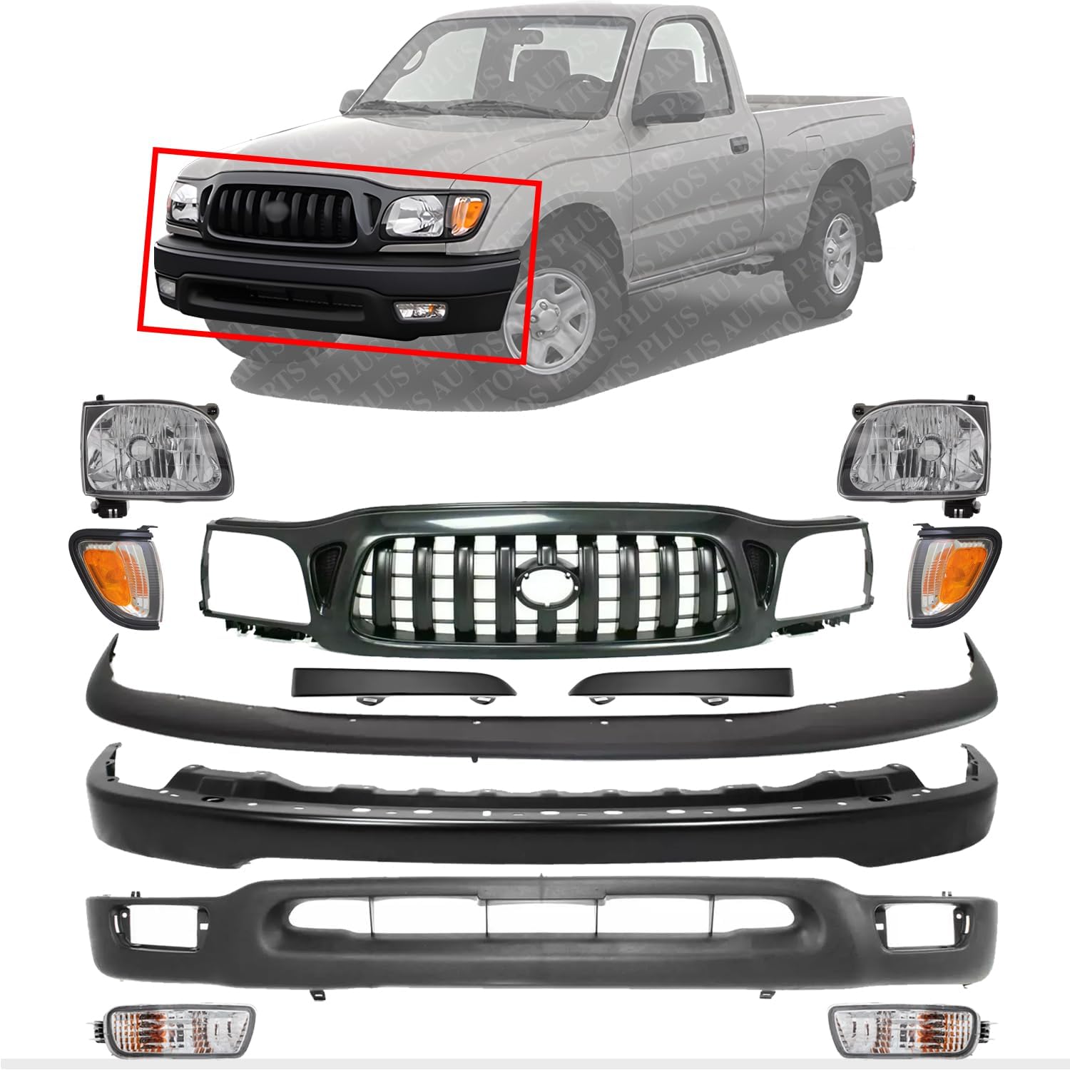 Front Bumper + Grille + Upper + Valance + Fillers + Headlight + Signal & Corner Lamp Left & Right Side Direct Replacement Compatible With 2001-2004 Toyota Tacoma 2WD TO1095131