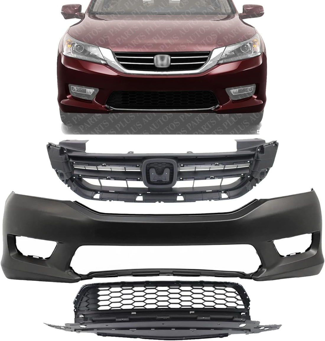 Front Bumper Cover Primed + Upper & Lower Grille Textured Direct Replacement Compatible With 2013-2015 Honda Accord HO1000288 HO1036114 HO1200214 04711T2AA90ZZ 71103T2AA00 71121T2FA01