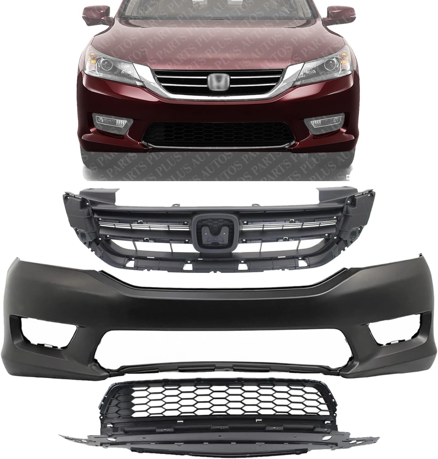 Front Bumper Cover Primed + Upper & Lower Grille Textured Direct Replacement Compatible With 2013-2015 Honda Accord HO1000288 HO1036114 HO1200214 04711T2AA90ZZ 71103T2AA00 71121T2FA01