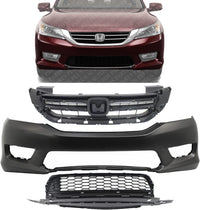 Front Bumper Cover Primed + Upper & Lower Grille Textured Direct Replacement Compatible With 2013-2015 Honda Accord HO1000288 HO1036114 HO1200214 04711T2AA90ZZ 71103T2AA00 71121T2FA01