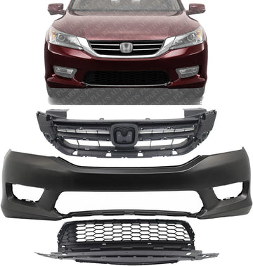 Front Bumper Cover Primed + Upper & Lower Grille Textured Direct Replacement Compatible With 2013-2015 Honda Accord HO1000288 HO1036114 HO1200214 04711T2AA90ZZ 71103T2AA00 71121T2FA01