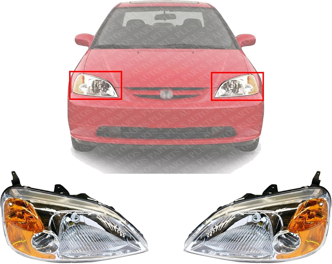 Set Of 2 Front Head Light Lens And Housing Right Passenger & Left Driver Side Direct Replacement Compatible With 2001-2003 Honda Civic HO2519102 HO2518102 33101S5PA01