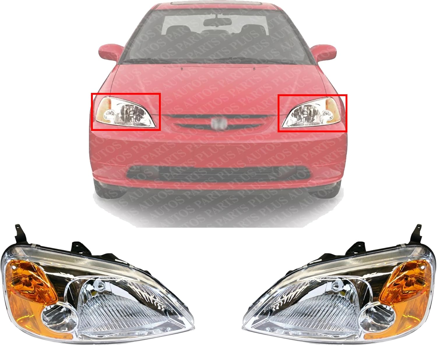 Set Of 2 Front Head Light Lens And Housing Right Passenger & Left Driver Side Direct Replacement Compatible With 2001-2003 Honda Civic HO2519102 HO2518102 33101S5PA01