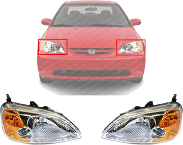 Set Of 2 Front Head Light Lens And Housing Right Passenger & Left Driver Side Direct Replacement Compatible With 2001-2003 Honda Civic HO2519102 HO2518102 33101S5PA01
