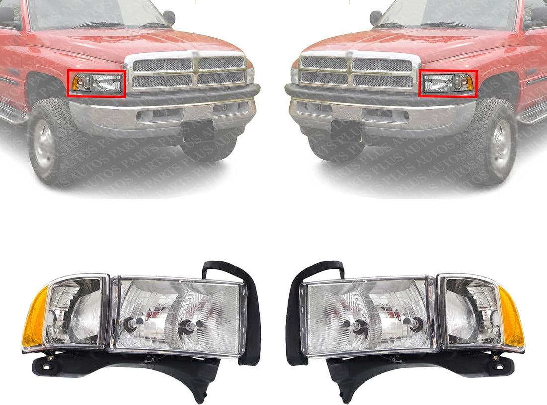Set Of 2 Front Head Lamp Halogen With Corner Light Left Driver & Right Passenger Side Direct Replacement Compatible With 1999-2002 Dodge Ram 1500 2500 3500 55077025AC 55077025AG