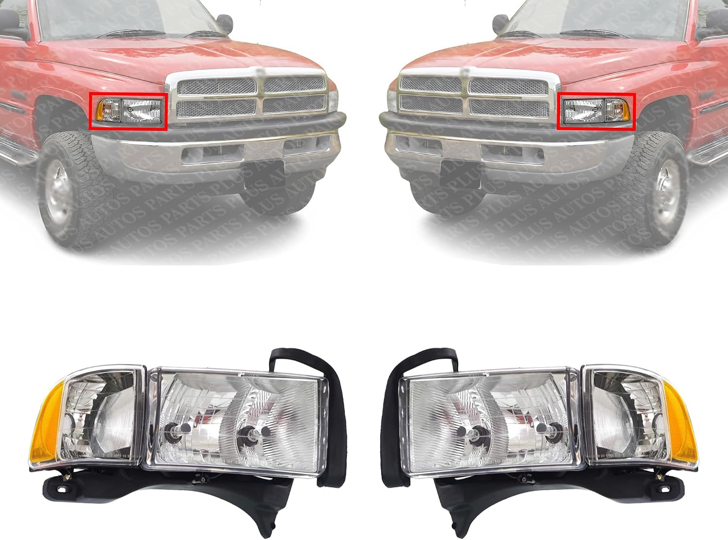 Set Of 2 Front Head Lamp Halogen With Corner Light Left Driver & Right Passenger Side Direct Replacement Compatible With 1999-2002 Dodge Ram 1500 2500 3500 55077025AC 55077025AG