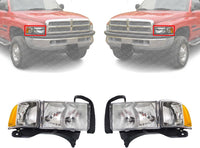 Set Of 2 Front Head Lamp Halogen With Corner Light Left Driver & Right Passenger Side Direct Replacement Compatible With 1999-2002 Dodge Ram 1500 2500 3500 55077025AC 55077025AG