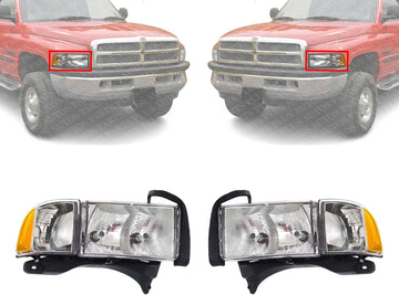 Set Of 2 Front Head Lamp Halogen With Corner Light Left Driver & Right Passenger Side Direct Replacement Compatible With 1999-2002 Dodge Ram 1500 2500 3500 55077025AC 55077025AG