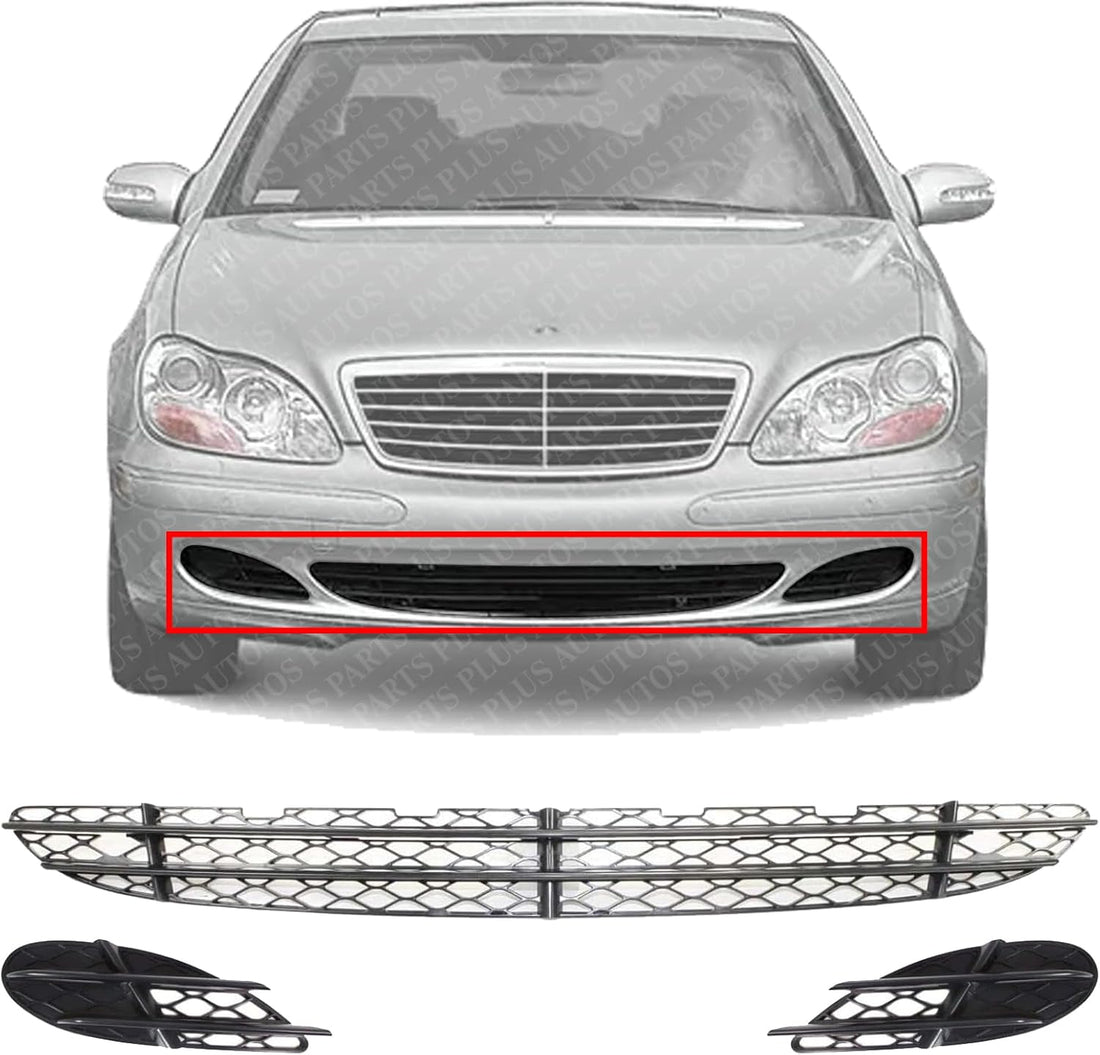 Front Bumper Center Grille Black + Fog Lamp Covers Right Passenger & Left Driver Side Direct Replacement Compatible With 2003-2006 Mercedes Benz S-Class MB1036108 MB1038113