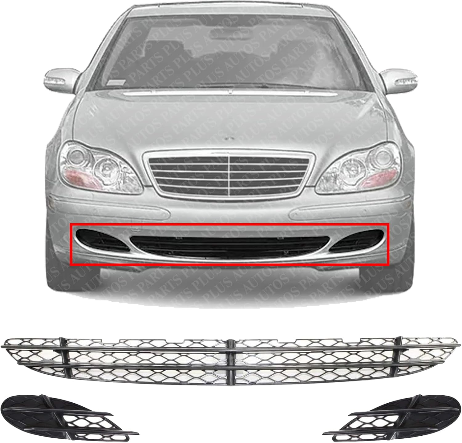 Front Bumper Center Grille Black + Fog Lamp Covers Right Passenger & Left Driver Side Direct Replacement Compatible With 2003-2006 Mercedes Benz S-Class MB1036108 MB1038113