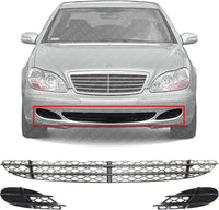 Front Bumper Center Grille Black + Fog Lamp Covers Right Passenger & Left Driver Side Direct Replacement Compatible With 2003-2006 Mercedes Benz S-Class MB1036108 MB1038113