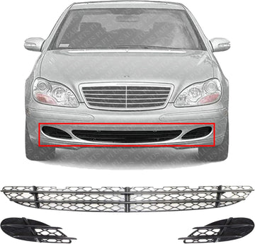 Front Bumper Center Grille Black + Fog Lamp Covers Right Passenger & Left Driver Side Direct Replacement Compatible With 2003-2006 Mercedes Benz S-Class MB1036108 MB1038113