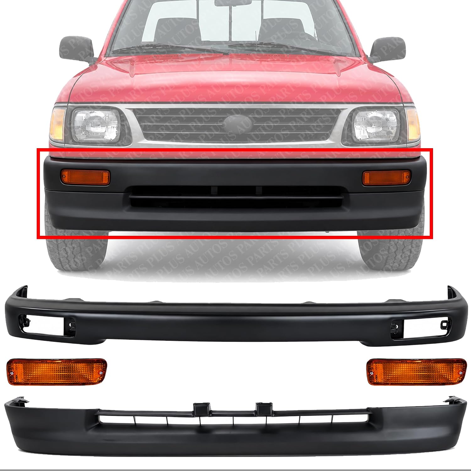 Front Bumper Primed Steel + Lower Valance Panel Textured + Signal Lights Left Driver & Right Passenger Side Direct Replacement Compatible With 1995-1997 Toyota Tacoma TO1002153