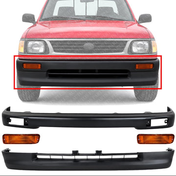 Front Bumper Primed Steel + Lower Valance Panel Textured + Signal Lights Left Driver & Right Passenger Side Direct Replacement Compatible With 1995-1997 Toyota Tacoma TO1002153
