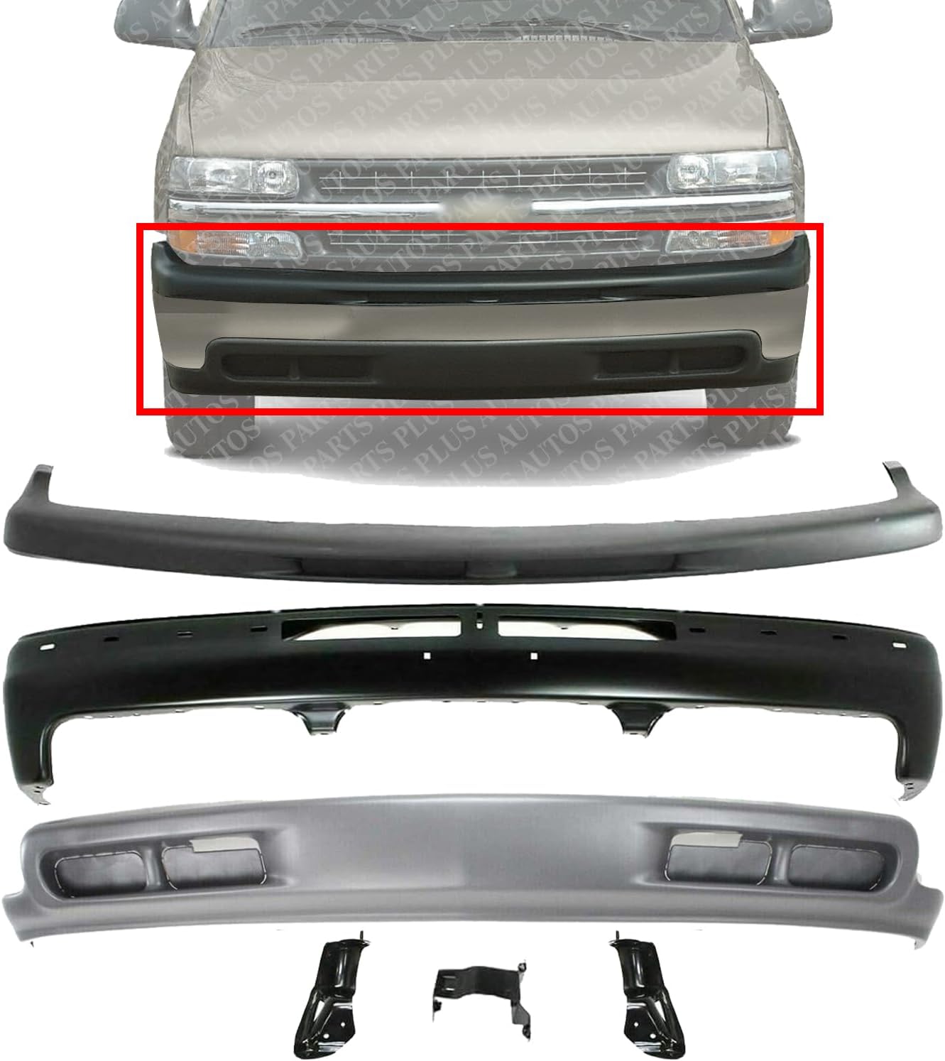 Front Bumper Paintable + Upper Cover Textured + Lower Valance Primed + Brackets Set of 3 Direct Replacement Compatible With Chevrolet Silverado 1999-2002 / Tahoe 2000-2006 GM1051103