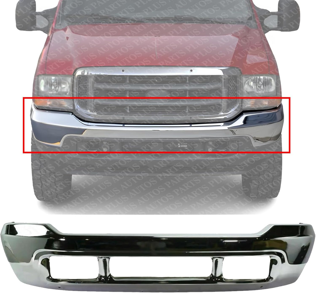 Front Bumper Chrome Steel Without Lower Valance Holes Direct Replacement Compatible With 1999-2004 Ford F Series Super Duty FO1002374 1C3Z17757MAA F81Z17757BA