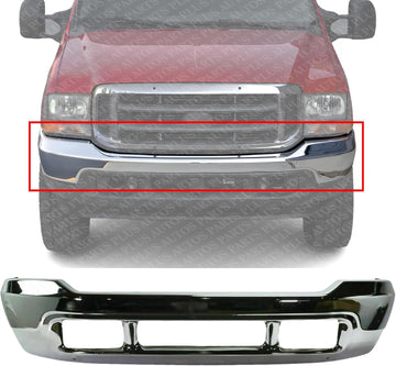 Front Bumper Chrome Steel Without Lower Valance Holes Direct Replacement Compatible With 1999-2004 Ford F Series Super Duty FO1002374 1C3Z17757MAA F81Z17757BA