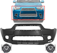 Front Bumper Cover Primed Plastic + Fog Lights Left Driver & Right Passenger Side Direct Replacement Compatible With 2011-2012 Mitsubishi Outlander/RVR