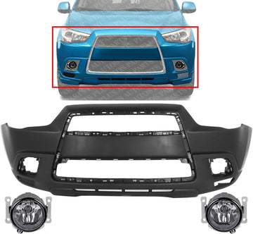 Front Bumper Cover Primed Plastic + Fog Lights Left Driver & Right Passenger Side Direct Replacement Compatible With 2011-2012 Mitsubishi Outlander/RVR
