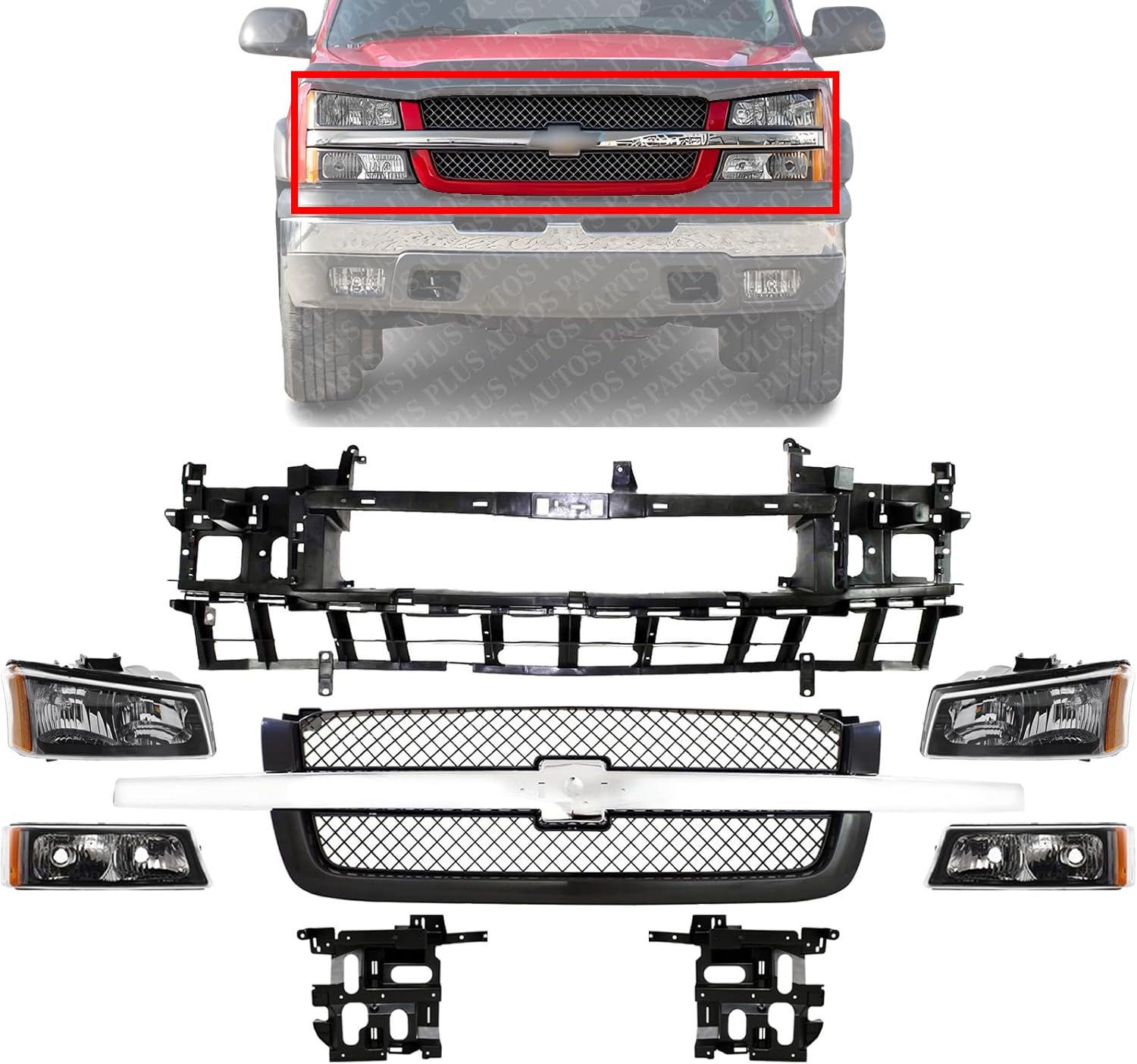 Front Grille With Chrome Center Bar + Header Panel + Headlights + Signal Lights + Bracket Left & Right Side Direct Replacement Compatible With 2002-2006 Chevrolet Avalanche 1500 2500