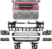 Front Grille With Chrome Center Bar + Header Panel + Headlights + Signal Lights + Bracket Left & Right Side Direct Replacement Compatible With 2002-2006 Chevrolet Avalanche 1500 2500