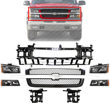 Front Grille With Chrome Center Bar + Header Panel + Headlights + Signal Lights + Bracket Left & Right Side Direct Replacement Compatible With 2002-2006 Chevrolet Avalanche 1500 2500