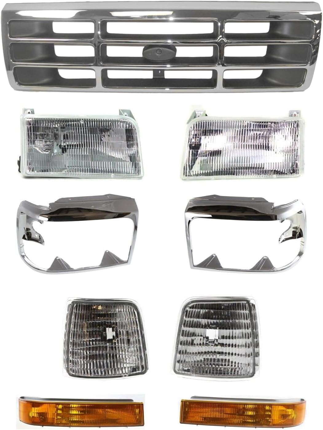 AUTOS PARTS PLUS Front Grille Chrome Shell & Plastic Insert + Bezels + Head Lamp + Signal & Corner Light Left Driver & Right Passenger Side Direct Replacement Compatible With 1992-1997 Ford F-Series