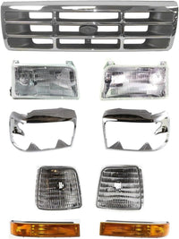 AUTOS PARTS PLUS Front Grille Chrome Shell & Plastic Insert + Bezels + Head Lamp + Signal & Corner Light Left Driver & Right Passenger Side Direct Replacement Compatible With 1992-1997 Ford F-Series