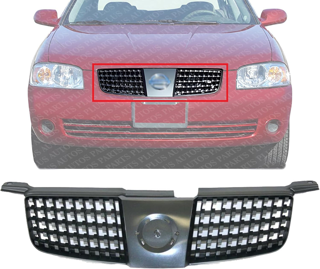 Front Grille Gray Shell And Insert Plastic Direct Replacement Compatible With 2004-2006 Nissan Sentra NI1200214 NI1200218 620706Z500 620706Z51A