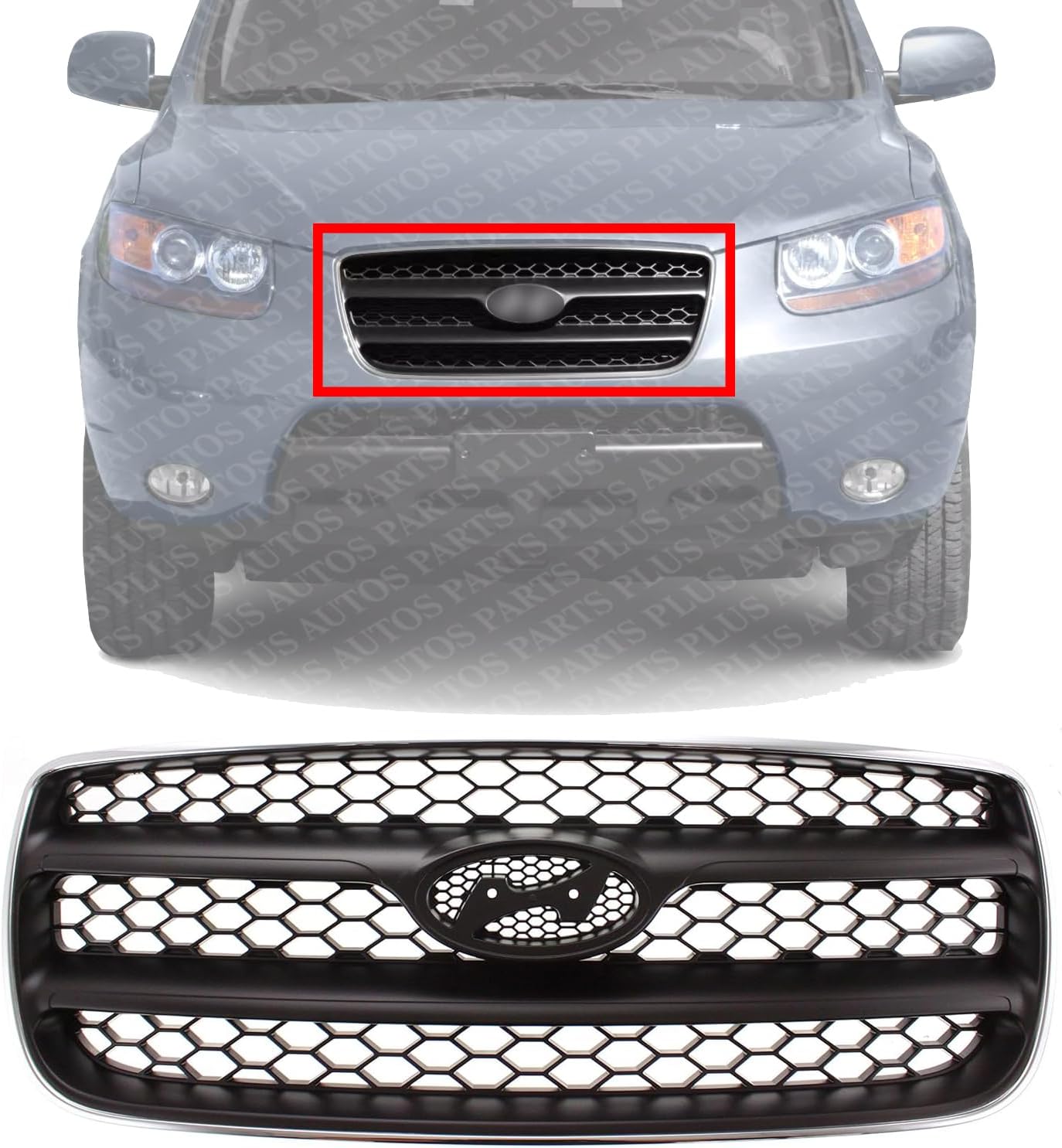 Front Grille Chrome Shell With Painted Silver Black Insert Plastic Direct Replacement Compatible With 2007-2009 Hyundai Santa Fe HY1200146 865602B010