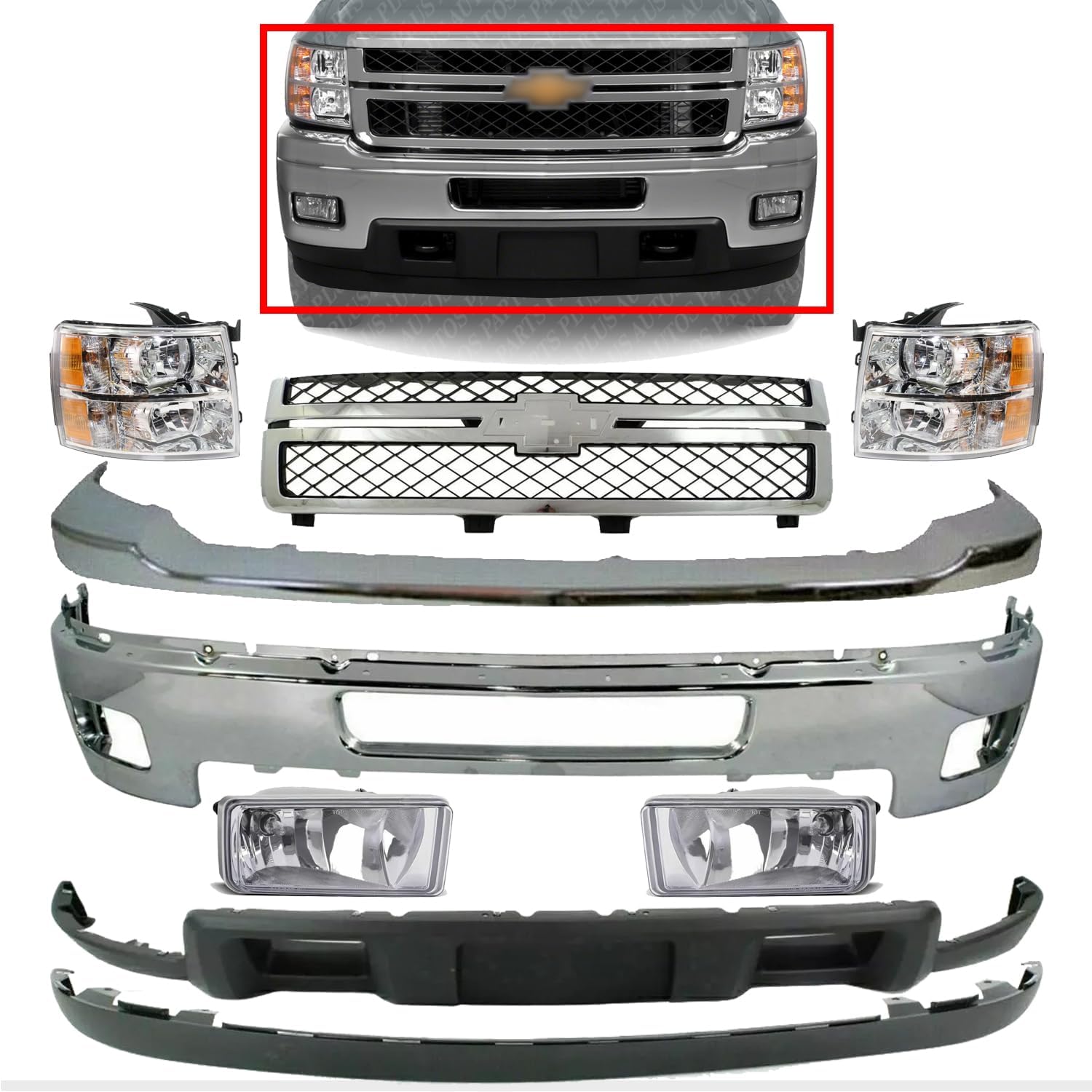 Front Bumper Chrome + Grille + Upper Cover + Lower Valance + Extension + Headlights + Fog Lights Left & Right Side Direct Replacement Compatible With 2011-2014 Silverado 2500HD 3500HD