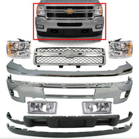 Front Bumper Chrome + Grille + Upper Cover + Lower Valance + Extension + Headlights + Fog Lights Left & Right Side Direct Replacement Compatible With 2011-2014 Silverado 2500HD 3500HD