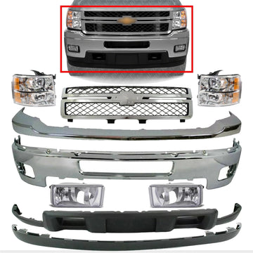 Front Bumper Chrome + Grille + Upper Cover + Lower Valance + Extension + Headlights + Fog Lights Left & Right Side Direct Replacement Compatible With 2011-2014 Silverado 2500HD 3500HD
