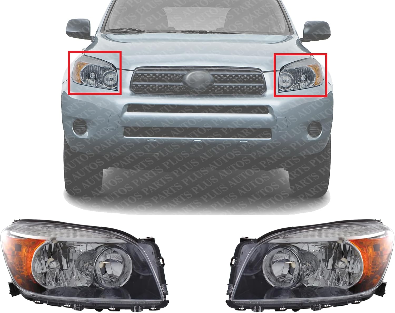Set Of 2 Front Head Light Assembly Lens & Housing With Black Interior Left Driver & Right Passenger Side Direct Replacement Compatible With 2006-2008 Toyota RAV4 TO2518107 TO2519107