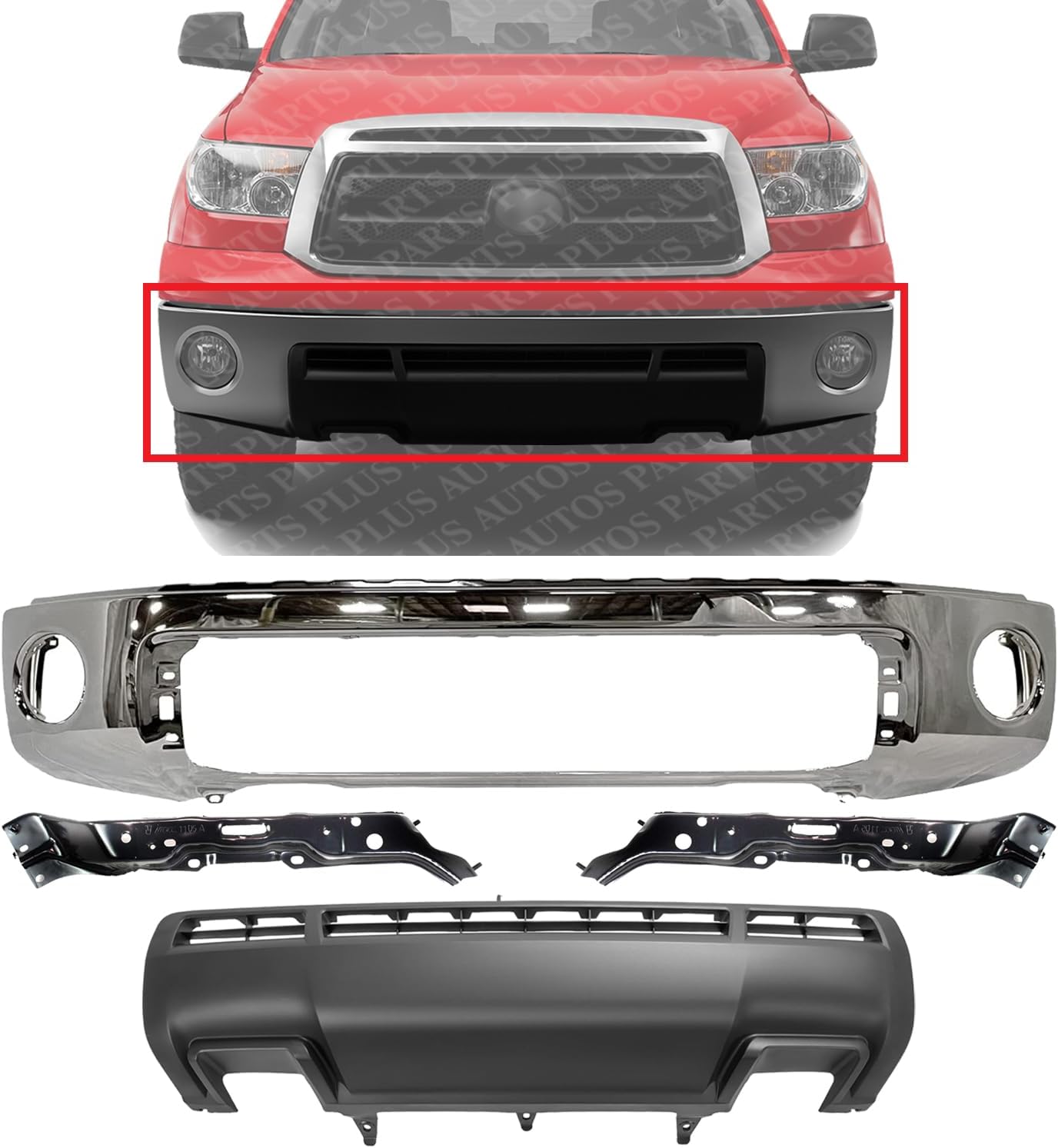 Front Bumper Steel Chrome With Park Assist Sensor Holes + Lower Valance Panel Textured + Outer Retainers Left & Right Side Direct Replacement Compatible With 2010-2013 Toyota Tundra