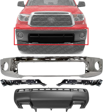 Front Bumper Steel Chrome With Park Assist Sensor Holes + Lower Valance Panel Textured + Outer Retainers Left & Right Side Direct Replacement Compatible With 2010-2013 Toyota Tundra