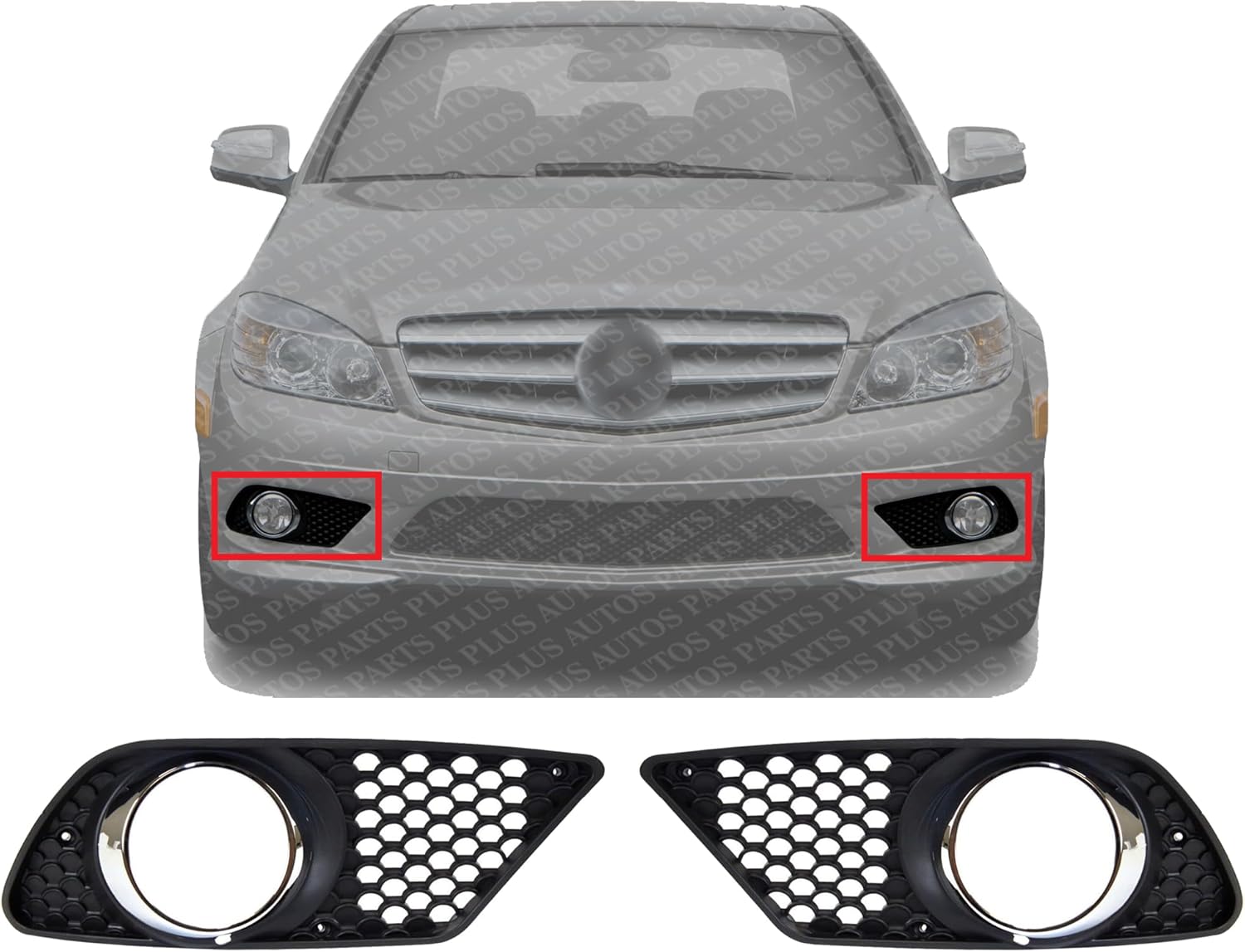 Set Of 2 Front Fog Light Molding Primed Plastic Left Driver & Right Passenger Side Direct Replacement Compatible With 2008-2011 Mercedes Benz C-Class MB1039118 MB1038118