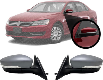 Set Of 2 Front Power Mirror Manual Folding Heated Primed Plastic Left Driver & Right Passenger Side Direct Replacement Compatible With 2012-2015 Volkswagen Passat VW1321145 VW1320145