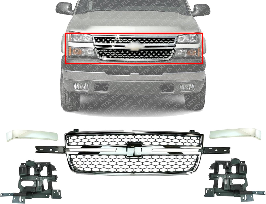 AUTOS PARTS PLUS Front Grille Chrome Without Center Bar + Moldings + Headlight Support Brackets Left Driver & Right Passenger Side Direct Replacement Compatible With 2003-2006 Chevrolet Silverado