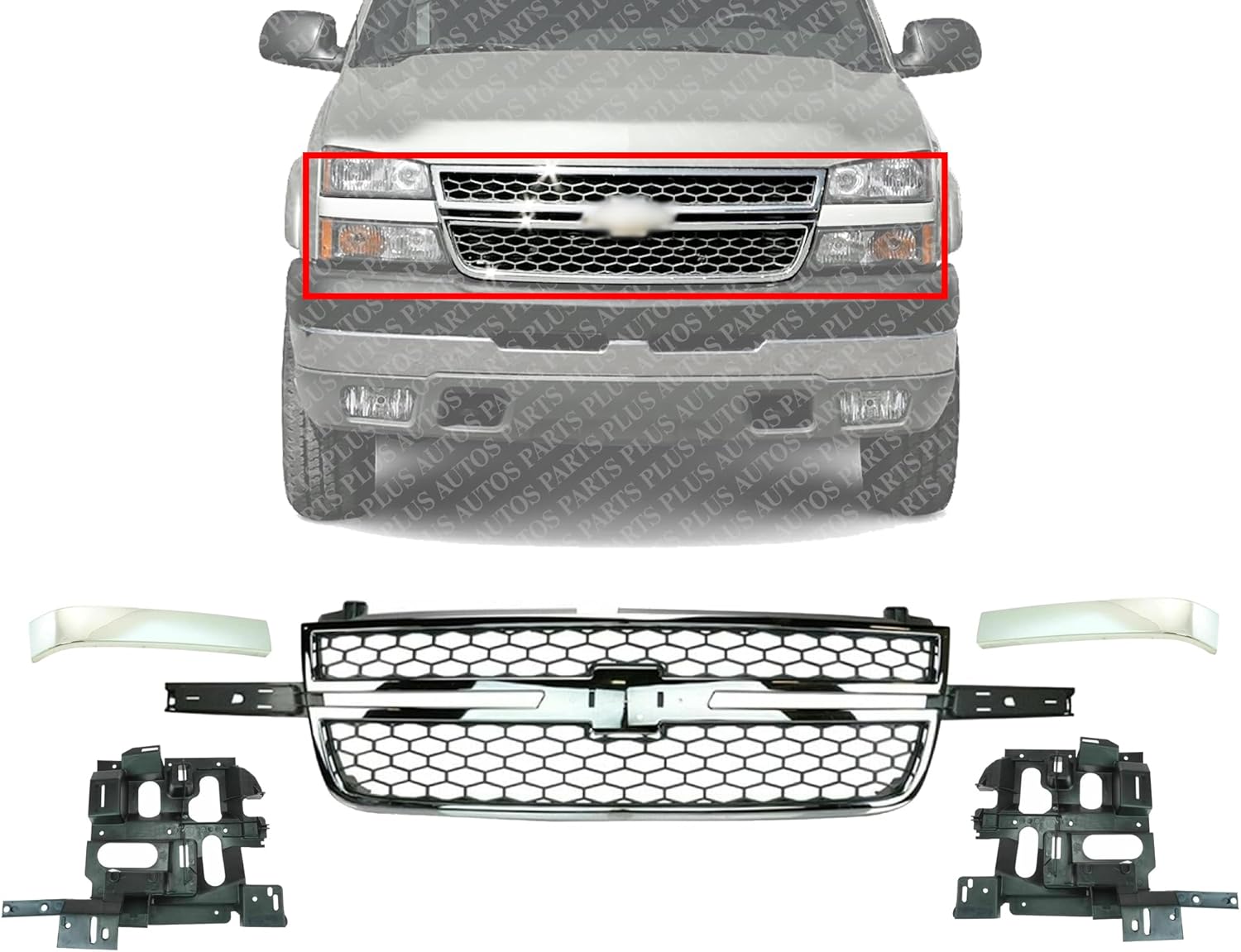 AUTOS PARTS PLUS Front Grille Chrome Without Center Bar + Moldings + Headlight Support Brackets Left Driver & Right Passenger Side Direct Replacement Compatible With 2003-2006 Chevrolet Silverado