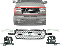 AUTOS PARTS PLUS Front Grille Chrome Without Center Bar + Moldings + Headlight Support Brackets Left Driver & Right Passenger Side Direct Replacement Compatible With 2003-2006 Chevrolet Silverado