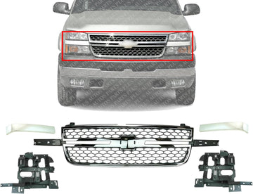 AUTOS PARTS PLUS Front Grille Chrome Without Center Bar + Moldings + Headlight Support Brackets Left Driver & Right Passenger Side Direct Replacement Compatible With 2003-2006 Chevrolet Silverado