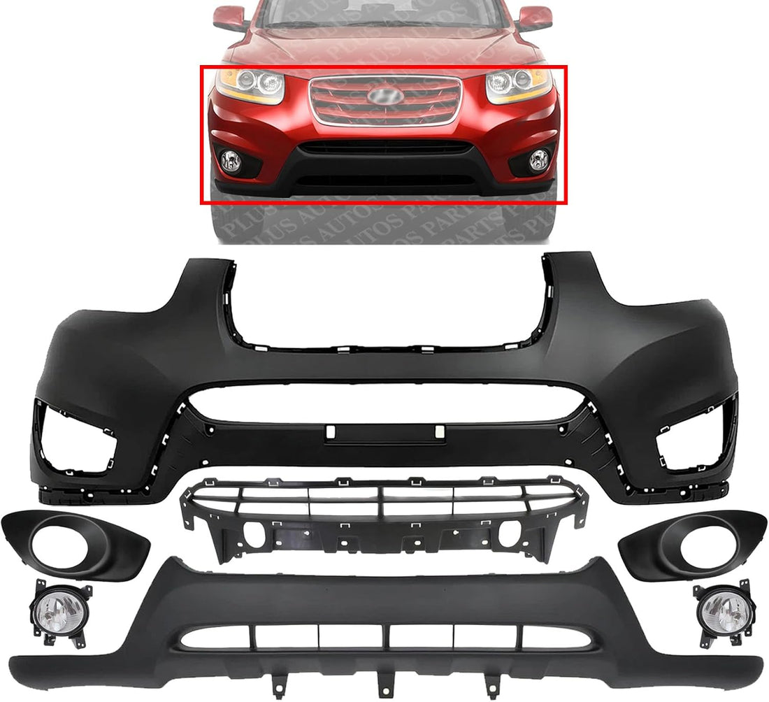 Front Bumper Cover Primed Plastic + Lower Valance + Grille + Fog Lights + Trim Left Driver & Right Passenger Side Direct Replacement Compatible With 2010-2012 Hyundai Santa Fe