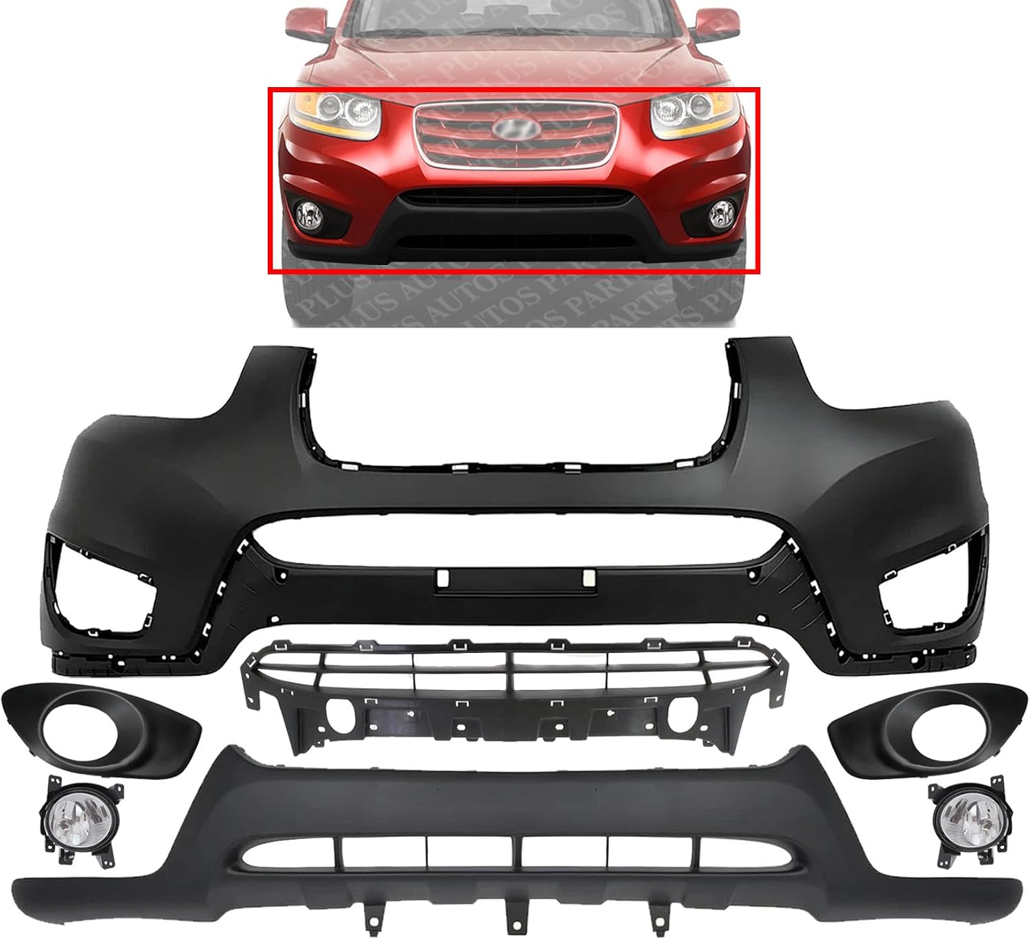 Front Bumper Cover Primed Plastic + Lower Valance + Grille + Fog Lights + Trim Left Driver & Right Passenger Side Direct Replacement Compatible With 2010-2012 Hyundai Santa Fe