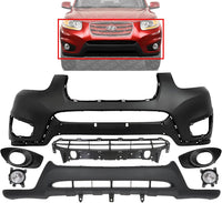 Front Bumper Cover Primed Plastic + Lower Valance + Grille + Fog Lights + Trim Left Driver & Right Passenger Side Direct Replacement Compatible With 2010-2012 Hyundai Santa Fe