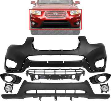 Front Bumper Cover Primed Plastic + Lower Valance + Grille + Fog Lights + Trim Left Driver & Right Passenger Side Direct Replacement Compatible With 2010-2012 Hyundai Santa Fe